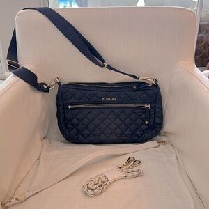 MZ Wallace - NAVY blue metro crossbody w/gold hardware & 2 white/gold straps